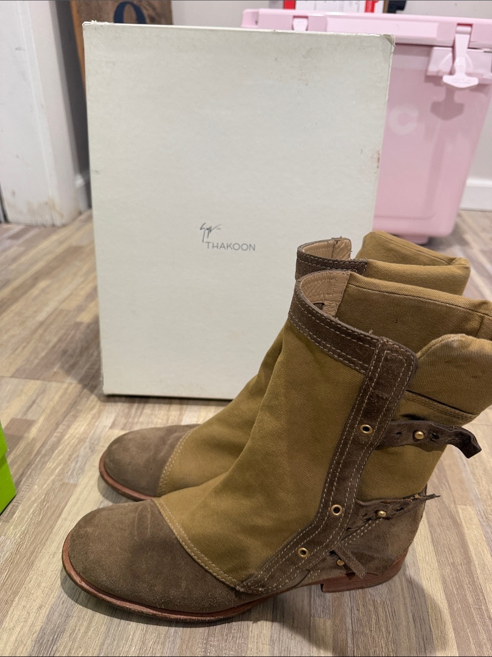 Giuseppe Zanotti Thakoon Tan & Brown Canvas Suede Ankle Boots Size 10